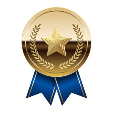 Mavi kurdeleli altın parlak ayna madalyası ve spor ve oyunlarda yıldız. Oyunlar için madalya ya da para