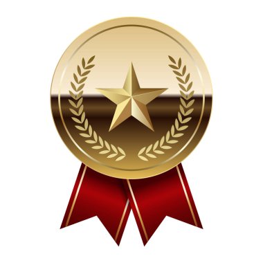 Kırmızı kurdeleli altın parlak ayna madalyası ve spor ve oyunlarda yıldız. Oyunlar için madalya ya da para