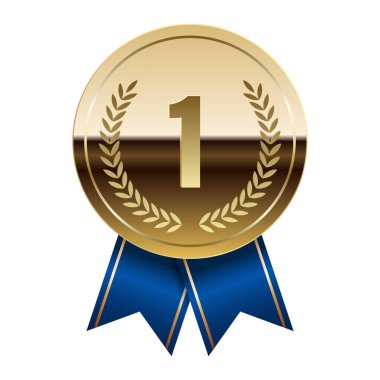 Spor ve oyunlar için mavi kurdeleli altın parlak ayna madalyası. Oyunlar için madalya ya da para