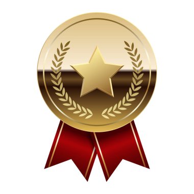 Kırmızı kurdeleli altın parlak ayna madalyası ve spor ve oyunlarda yıldız. Oyunlar için madalya ya da para