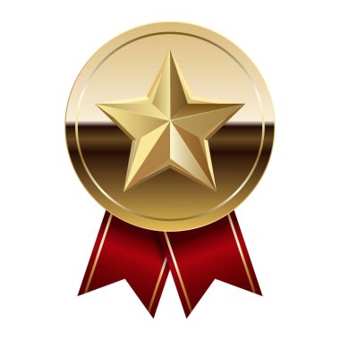 Kırmızı kurdeleli altın parlak ayna madalyası ve spor ve oyunlarda yıldız. Oyunlar için madalya ya da para