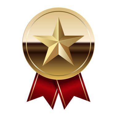 Kırmızı kurdeleli altın parlak ayna madalyası ve spor ve oyunlarda yıldız. Oyunlar için madalya ya da para