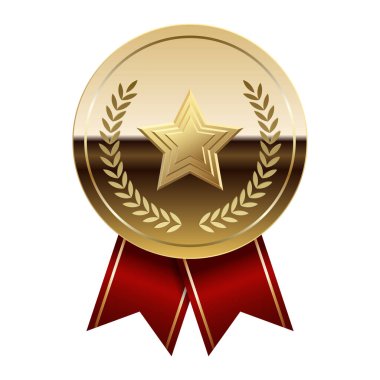 Kırmızı kurdeleli altın parlak ayna madalyası ve spor ve oyunlarda yıldız. Oyunlar için madalya ya da para