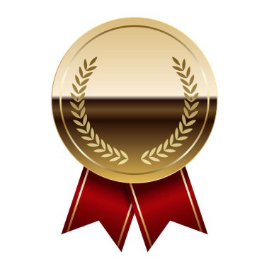 Spor ve oyunlar için kırmızı kurdeleli altın parlak ayna madalyası. Oyunlar için madalya ya da para