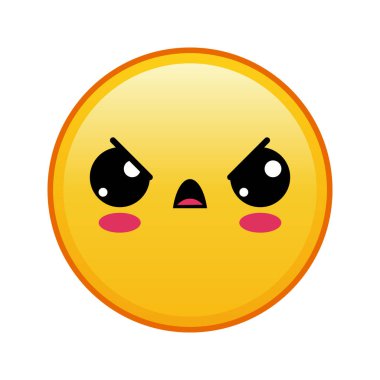 Kawaii sarı emojisi ve kızgın gözleri beyaz arka planda. Büyük sarı emoji boyutu