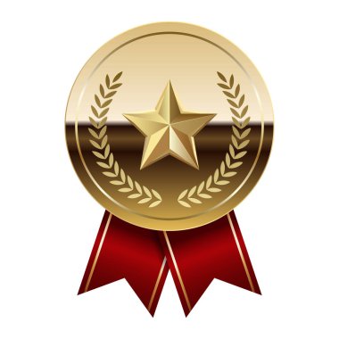 Kırmızı kurdeleli altın parlak ayna madalyası ve spor ve oyunlarda yıldız. Oyunlar için madalya ya da para