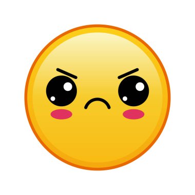 Kawaii sarı emojisi, beyaz arka planda kızgın bir yüzü var. Büyük sarı emoji boyutu