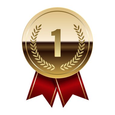 Spor ve oyunlar için kırmızı kurdeleli altın parlak ayna madalyası. Oyunlar için madalya ya da para