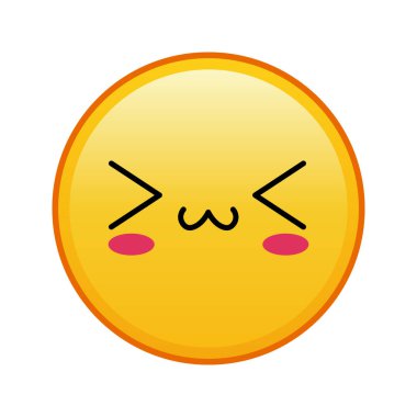 Kawaii sarı emojisi, mutlu yüzü ve beyaz arka planda kapalı gözleri var. Büyük sarı emoji boyutu