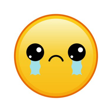 Beyaz arka planda ağlayan gözlü Kawaii sarı emojisi. Büyük sarı emoji boyutu