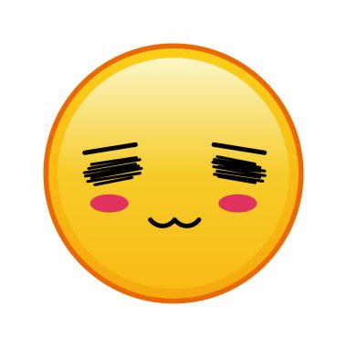 Kawaii sarı emojisi, beyaz arka planda utangaç bir yüzü var. Büyük sarı emoji boyutu