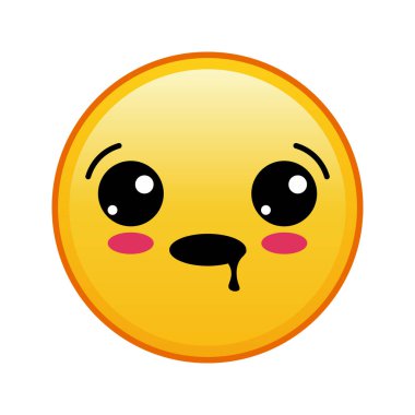 Kawaii sarı emojisi ve beyaz arka planda salyalı bir yüzü var. Büyük sarı emoji boyutu