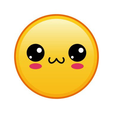 Kawaii sarı emojisi ve mutlu dudaklar beyaz arka planda. Büyük sarı emoji boyutu