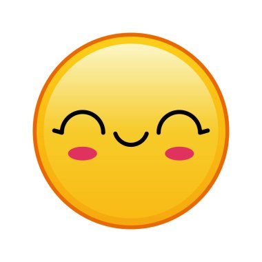 Kawaii sarı emojisi, mutlu bir yüzü ve beyaz arka planda kapalı gözleri var. Büyük sarı emoji boyutu