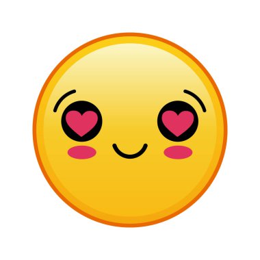 Kawaii sarı emojisi, beyaz arka planda gözleri olan kalpler. Büyük sarı emoji boyutu