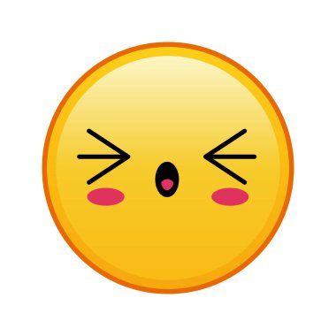 Kawaii sarı emojisi beyaz arka planda ağzı açık. Büyük sarı emoji boyutu