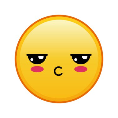 Beyaz arka planda somurtkan, tatminsiz suratı olan Kawaii sarı emojisi. Büyük sarı emoji boyutu