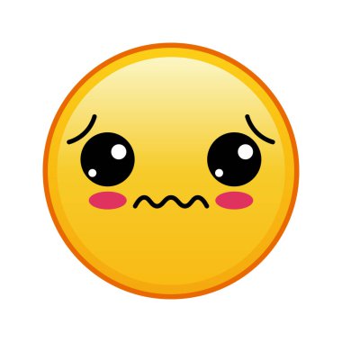 Beyaz arka planda üzgün yüzü olan Kawaii sarı emojisi. Büyük sarı emoji boyutu