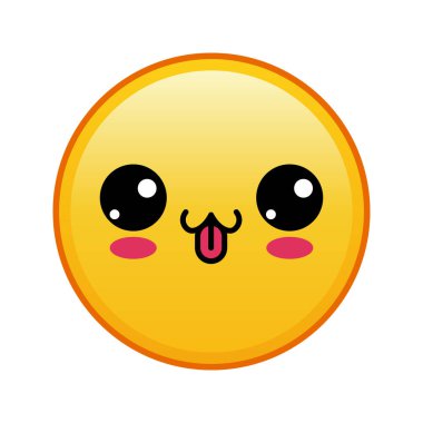 Beyaz arka planda dili olan Kawaii sarı emojisi. Büyük sarı emoji boyutu