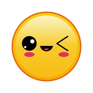 Beyaz arka planda göz kırpan yüzü olan Kawaii sarı emojisi. Büyük sarı emoji boyutu