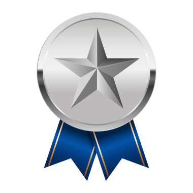 Mavi kurdeleli gümüş madalya ve spor ve oyunlarda yıldız. Oyunlar için madalya ya da para