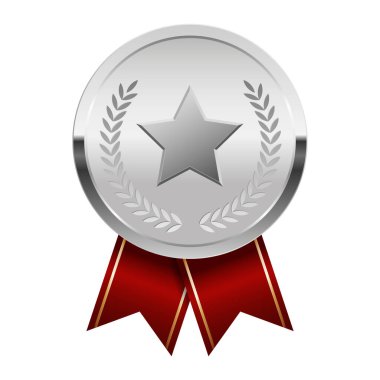 Kırmızı kurdeleli gümüş madalya ve spor ve oyunlarda yıldız. Oyunlar için madalya ya da para