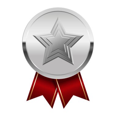 Kırmızı kurdeleli gümüş madalya ve spor ve oyunlarda yıldız. Oyunlar için madalya ya da para