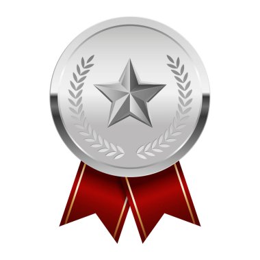 Kırmızı kurdeleli gümüş madalya ve spor ve oyunlarda yıldız. Oyunlar için madalya ya da para