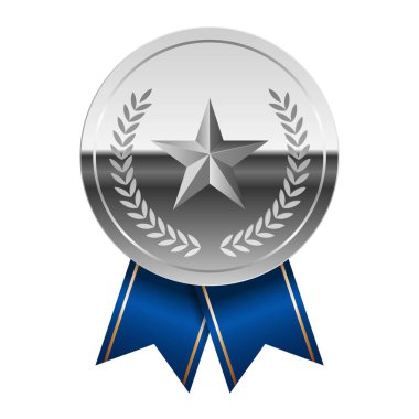 Mavi kurdeleli gümüş parlak ayna madalyası ve spor ve oyunlarda yıldız. Oyunlar için madalya ya da para