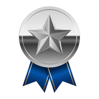 Mavi kurdeleli gümüş parlak ayna madalyası ve spor ve oyunlarda yıldız. Oyunlar için madalya ya da para