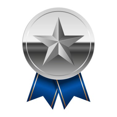 Mavi kurdeleli gümüş parlak ayna madalyası ve spor ve oyunlarda yıldız. Oyunlar için madalya ya da para