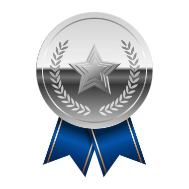 Mavi kurdeleli gümüş parlak ayna madalyası ve spor ve oyunlarda yıldız. Oyunlar için madalya ya da para