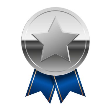 Mavi kurdeleli gümüş parlak ayna madalyası ve spor ve oyunlarda yıldız. Oyunlar için madalya ya da para