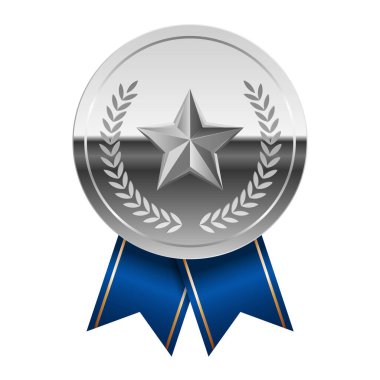 Mavi kurdeleli gümüş parlak ayna madalyası ve spor ve oyunlarda yıldız. Oyunlar için madalya ya da para