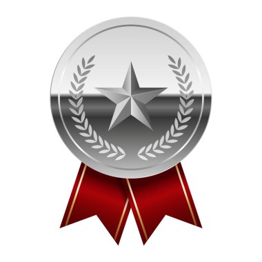 Kırmızı kurdeleli gümüş parlak ayna madalyası ve spor ve oyunlarda yıldız. Oyunlar için madalya ya da para