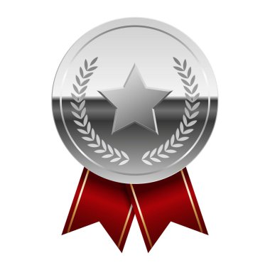 Kırmızı kurdeleli gümüş parlak ayna madalyası ve spor ve oyunlarda yıldız. Oyunlar için madalya ya da para