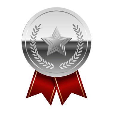 Kırmızı kurdeleli gümüş parlak ayna madalyası ve spor ve oyunlarda yıldız. Oyunlar için madalya ya da para