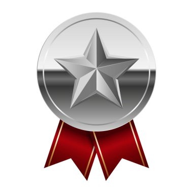 Kırmızı kurdeleli gümüş parlak ayna madalyası ve spor ve oyunlarda yıldız. Oyunlar için madalya ya da para