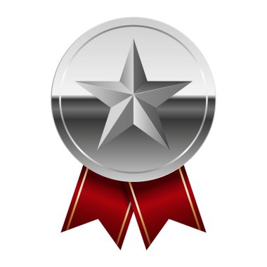 Kırmızı kurdeleli gümüş parlak ayna madalyası ve spor ve oyunlarda yıldız. Oyunlar için madalya ya da para