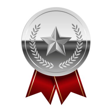 Kırmızı kurdeleli gümüş parlak ayna madalyası ve spor ve oyunlarda yıldız. Oyunlar için madalya ya da para