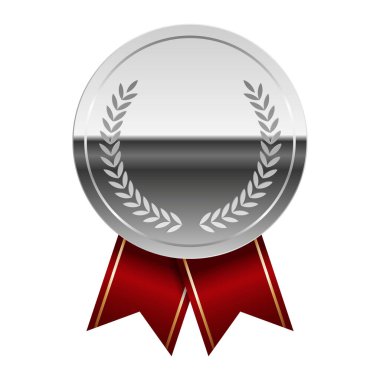 Spor ve oyunlar için kırmızı kurdeleli gümüş parlak ayna madalyası. Oyunlar için madalya ya da para