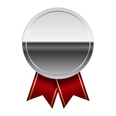 Spor ve oyunlar için kırmızı kurdeleli gümüş parlak ayna madalyası. Oyunlar için madalya ya da para