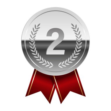 Spor ve oyunlar için kırmızı kurdeleli gümüş parlak ayna madalyası. Oyunlar için madalya ya da para