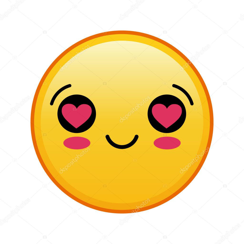 Kawaii yellow emoji with hearts in eyes face on white background. Large size of yellow emoji
