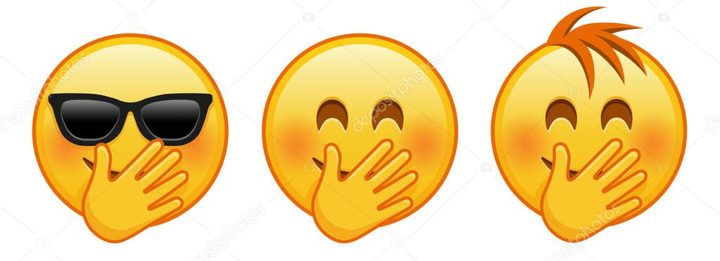 Smiling face with smiling eyes covering mouth with hand. Set of three yellow emoji. Large size of yellow emoji smile