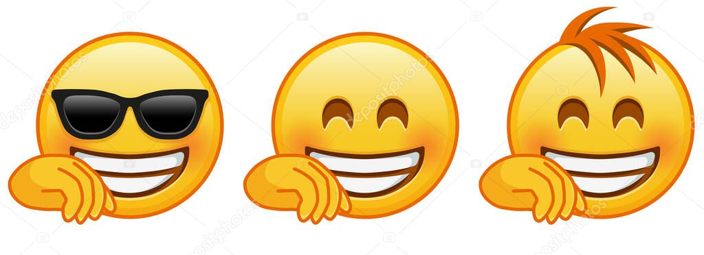 Smiling face with smiling eyes covering mouth with hand on white background. Set of three emoji. Large size of yellow emoji smile