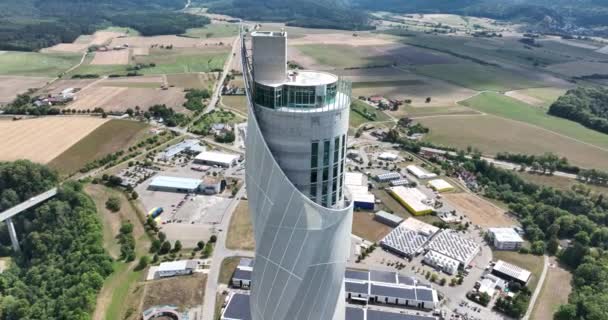 罗特维尔 2022年8月15日 Tk电梯测试塔是电梯测试塔 246米或807英尺高高速电梯试验室大楼 空中无人侦察机俯瞰 — 图库视频影像