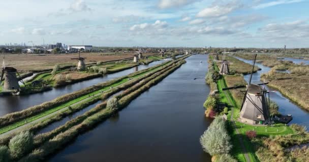 Wiatraki Kinderdijk Holenderskiej Prowincji Holandia Południowa Położone Alblasserwaard Atrakcje Turystyczne — Wideo stockowe