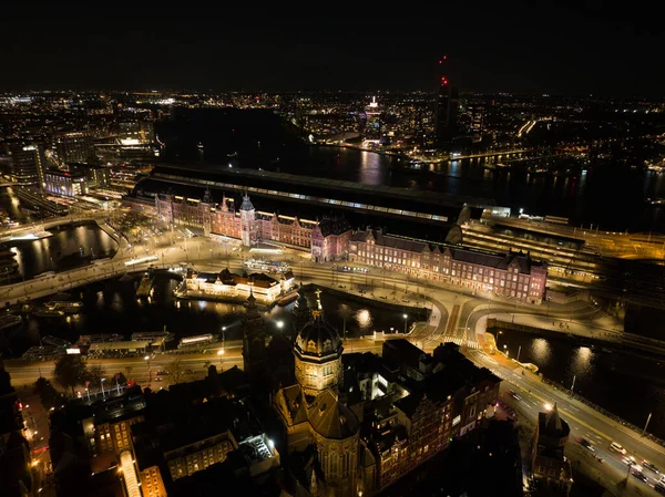 Міський Центр Амстердама Нічним Повітряним Дроном Дивиться Над Головою Amsterdam — стокове фото