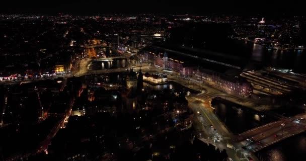 Amsterdam Pusat Kota Skyline Oleh Pandangan Pesawat Tak Berawak Malam — Stok Video